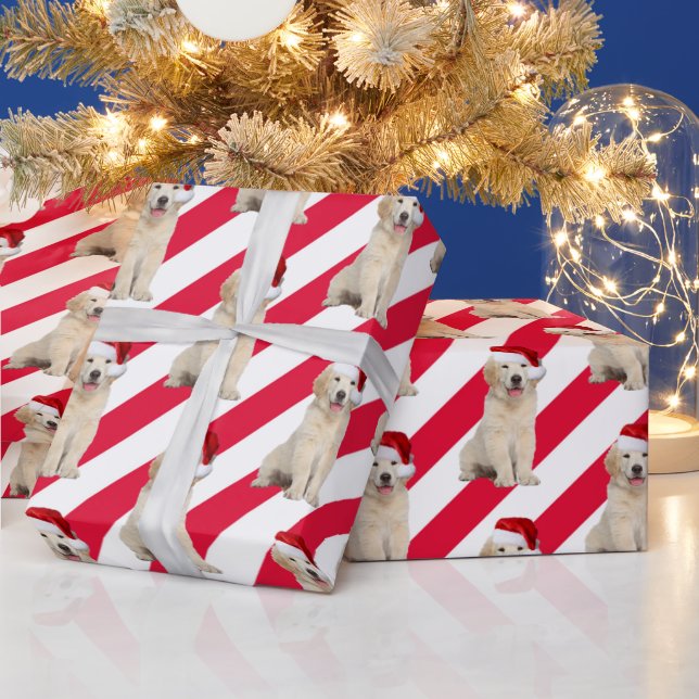 Papier Cadeau Noël Golden Retriever On Stripes (Vacances)