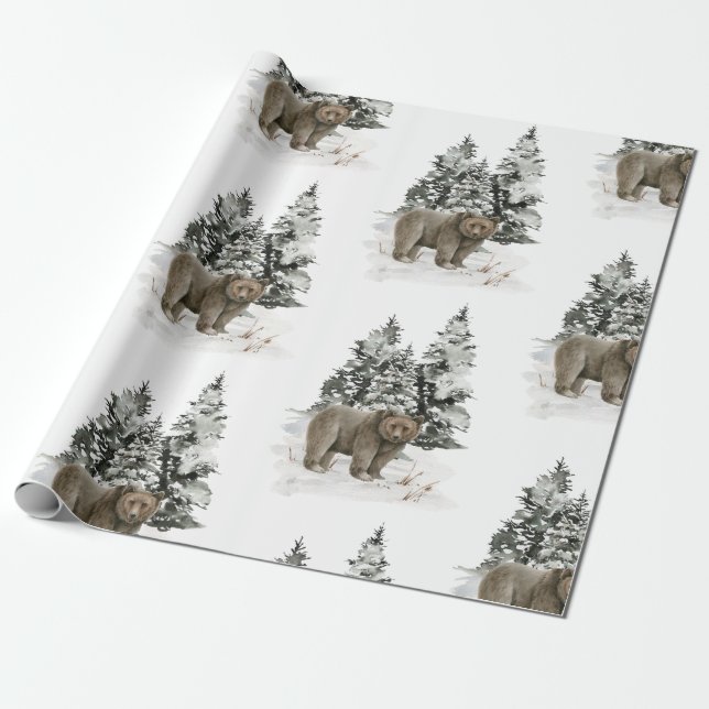 Papier Cadeau Noël Grizzly Oear Woodland Forest Neige Cadeau (Déroulé)