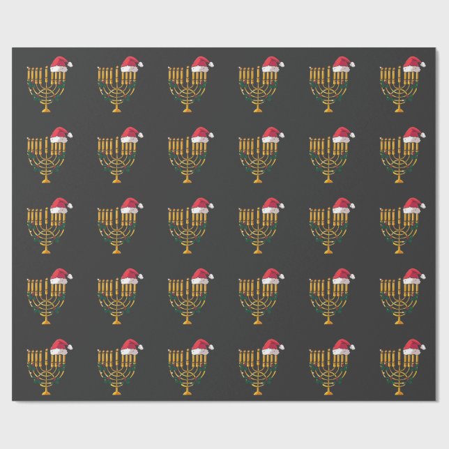 Papier Cadeau Noël Hanoukka Juif Père Noël Menorah (Plat)
