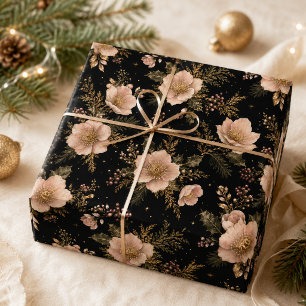 Papier Cadeau Noël Hellebore Champagne Or Rose Noir