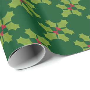 Papier Cadeau Noël Holly brindille sur vert foncé