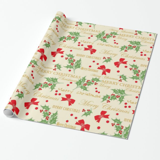 Papier Cadeau Noël Holly et Bows (Déroulé)