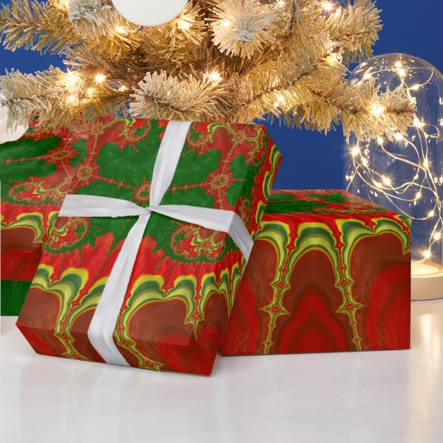 Papier Cadeau NOËL ~ Jaune Motif fractal Vert Rouge ~ (Vacances)
