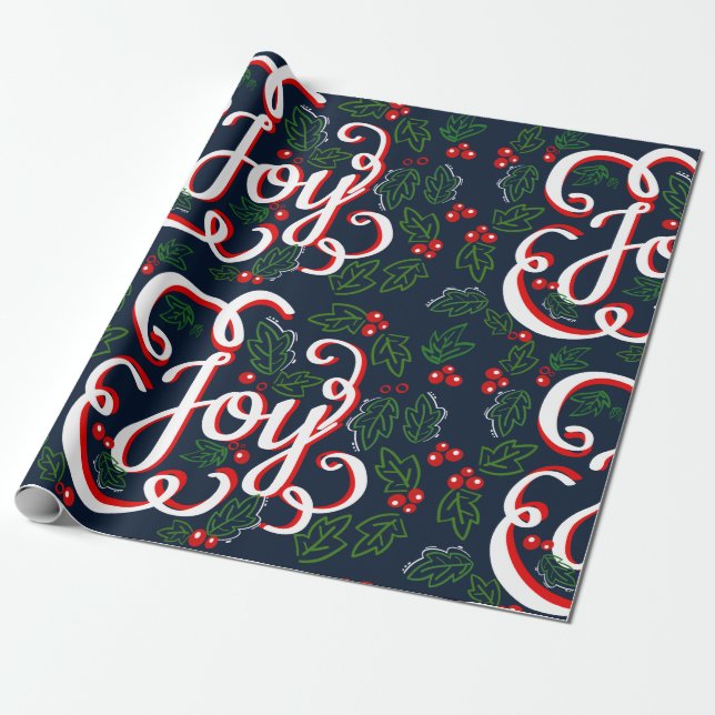 Papier Cadeau Noël Joie Holly Berries & Dark Navy Blue (Déroulé)