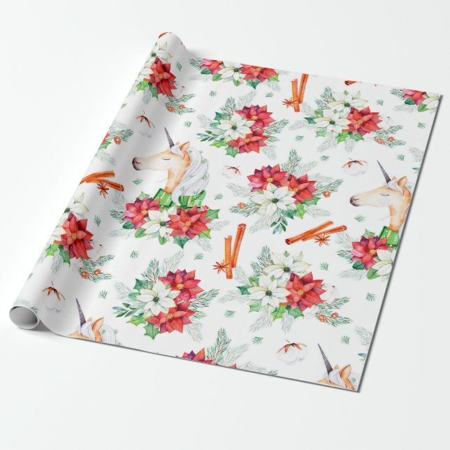 Papier Cadeau Noël licorne rouge et blanc poinsettia motif (Déroulé)