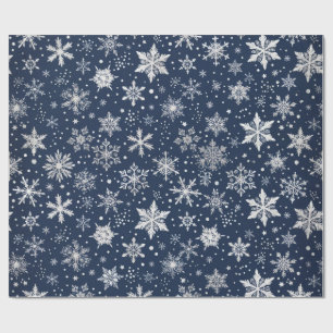 Papier Cadeau Noël Luxe Flocons de Neige Bleu Marine Argent