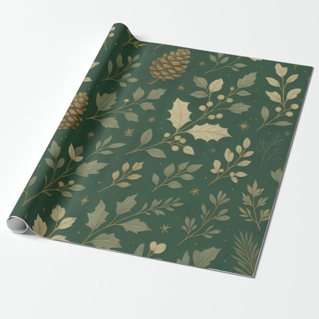 Papier Cadeau Noël Luxe Vert & Champagne Forest Gold (Déroulé)