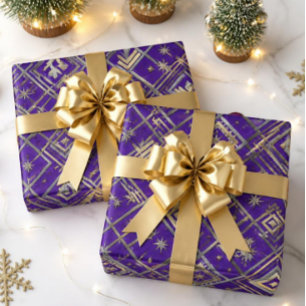 Papier Cadeau Noël Luxueux Art Déco Or et Argent Violet