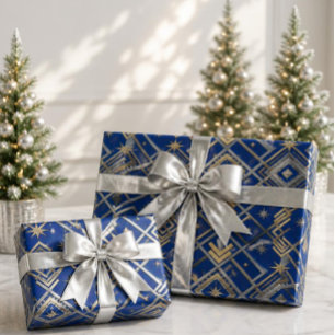 Papier Cadeau Noël Luxueux Bleu Royal Art Déco Or et Argent