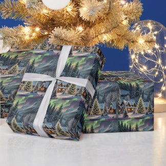 Papier Cadeau Noël magique, village de montagne, lumières polair