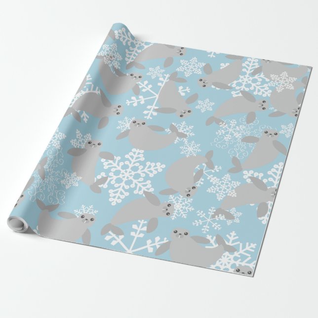 Papier Cadeau noël manat hiver bleu flocons de neige (Déroulé)