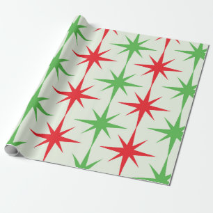 Papier Cadeau Noël Mid Century Red Green Starbursauts atomiques