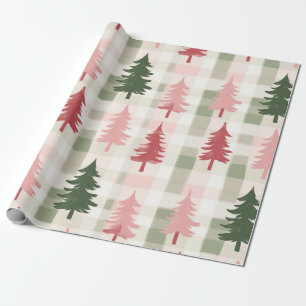 Papier Cadeau Noël Moderne Épinglé Arbre Rose & Vert 