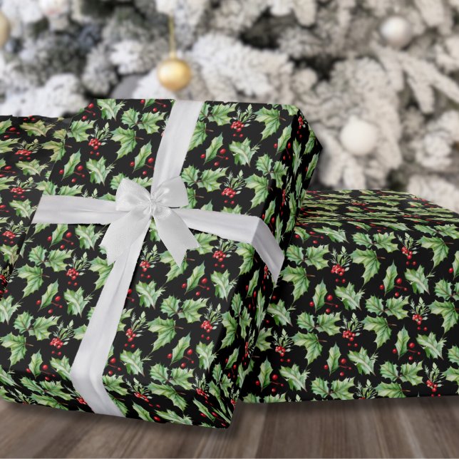 Papier Cadeau Noël moderne Holly Berry (Festive Black Holly Berries Christmas Wrapping Paper)