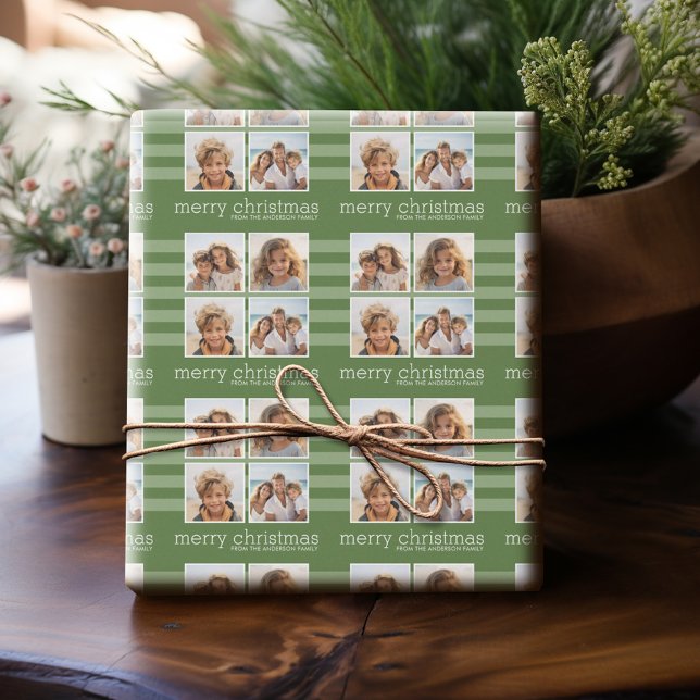 Papier Cadeau Noël moderne - Photo tout simplement verte et blan (Personalized Photo Wrapping Paper)
