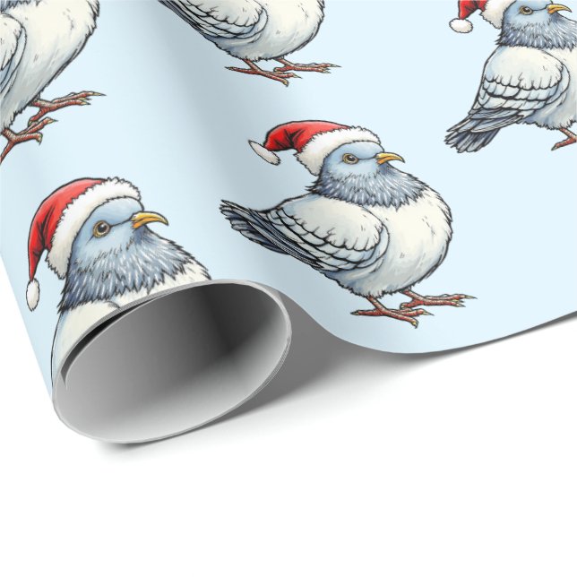 Papier Cadeau Noël moderne Pigeon Santa Claus (Coin rond)