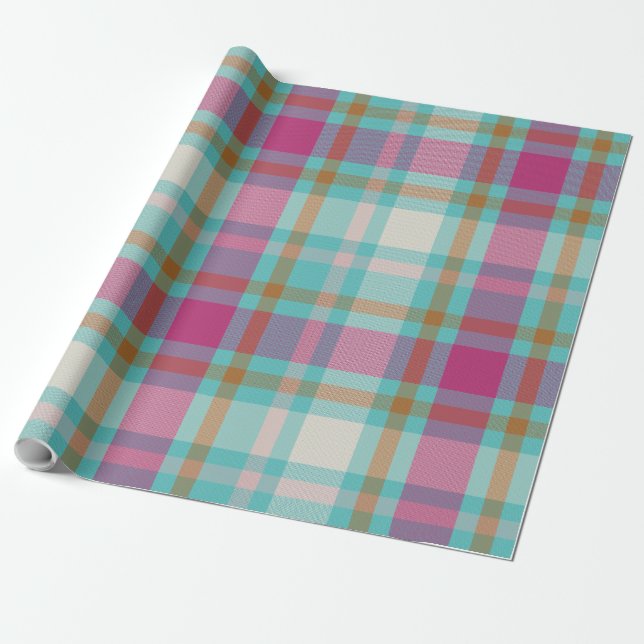 Papier Cadeau Noël moderne Plaid tartan rétro chaud rose aqua (Déroulé)