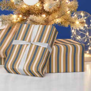 Papier Cadeau Noël Moderne Rayure Bleue Or Blanc