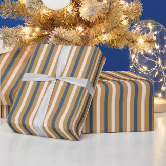 Papier Cadeau Noël Moderne Rayure Bleue Or Blanc