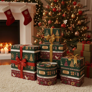 Papier Cadeau Noël moderne rouge vert blanc unique