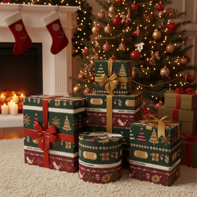 Papier Cadeau Noël moderne  rouge vert blanc unique (Créateur téléchargé)