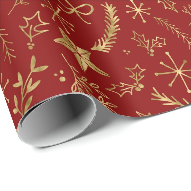 Papier Cadeau Noël - Motif de Noël Gold Shimmer - RED (Coin rond)