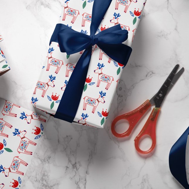 Papier Cadeau Noël Motif de rennes floraux scandinaves (Créateur téléchargé)