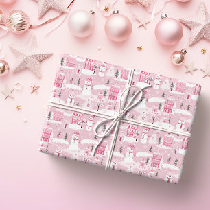 Papier Cadeau Noël neigeux du village rose