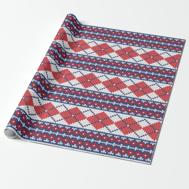 Papier Cadeau Noël nordique bleu et rouge de Jacquard de motif (Déroulé)