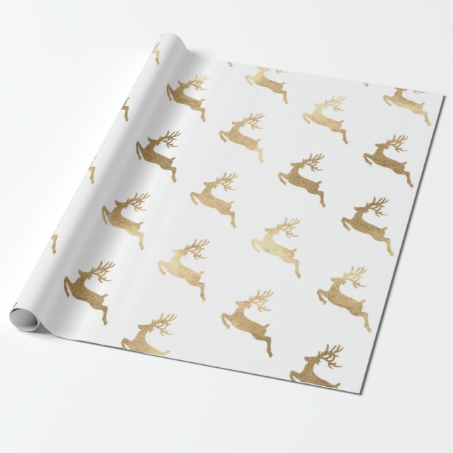 Papier Cadeau Noël Nouvel An Blanc Golden Reindee (Déroulé)
