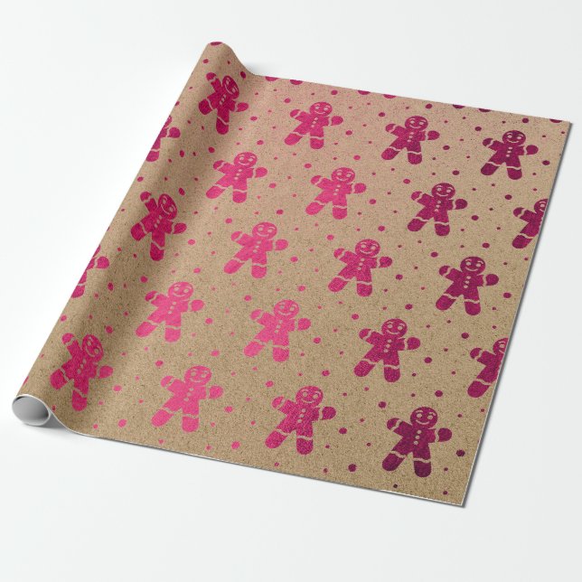 Papier Cadeau Noël Nouvel An Fuchsia Gingbread Homme Kraft (Déroulé)