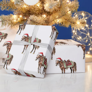 Papier Cadeau Noël occidental rouge cow-boy vachère cheval
