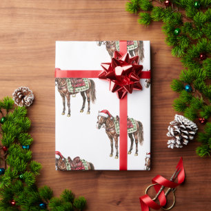 Papier Cadeau Noël occidental rouge cow-boy vachère cheval