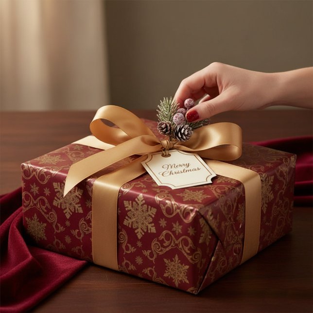 Papier Cadeau Noël Or & Rouge Royal Damassé Flocon de Neige (Créateur téléchargé)