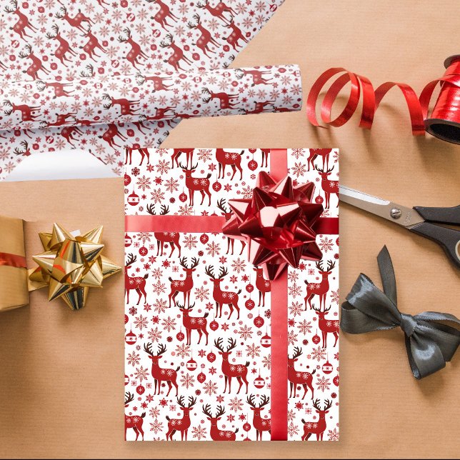 Papier Cadeau Noël Ornement de flocon de neige rouge renne (Créateur téléchargé)