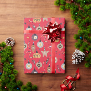 Papier Cadeau Noël - Ornements Fantaisistes sur Fond Rouge
