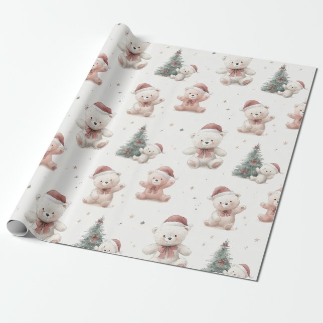 Papier Cadeau Noël Ourson en Peluche Rose  (Déroulé)