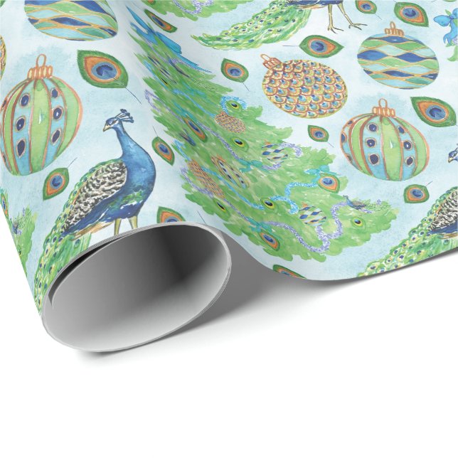 Papier Cadeau Noël Paon Aquarelle (Coin rond)