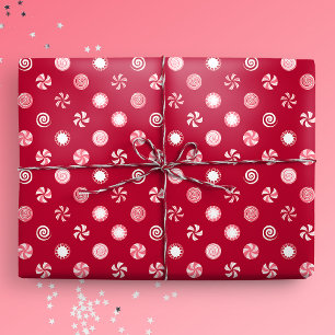 Papier Cadeau Noël Peppermenthe Candy Lollipops Polka Dot