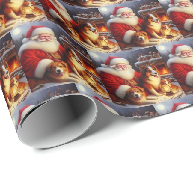 Papier Cadeau Noël Père Noël avec Chiens 1 (Coin rond)