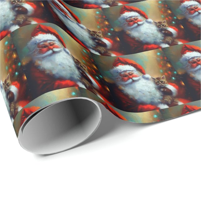 Papier Cadeau Noël Père Noël et un chat 4 (Coin rond)