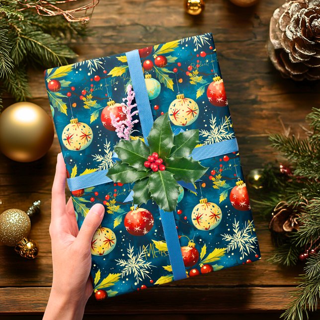 Papier Cadeau Noël personnalisé Baubles rouge et or (Créateur téléchargé)