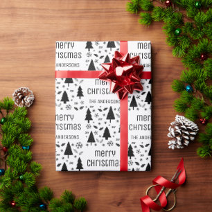 Papier Cadeau Noël Personnalisé Nom de famille Noir Blanc