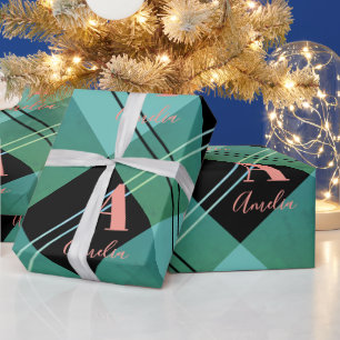 Papier Cadeau Noël personnalisé vert plaid