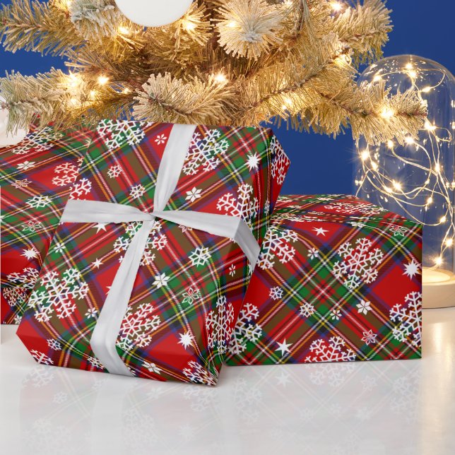 Papier Cadeau Noël Plaid avec des flocons de neige et des étoile (Vacances)