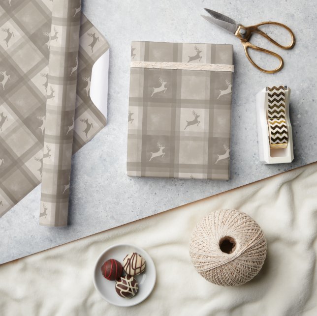 Papier Cadeau Noël Plaid Texture Aquarelle Beige Et Cerf (Artisanat)