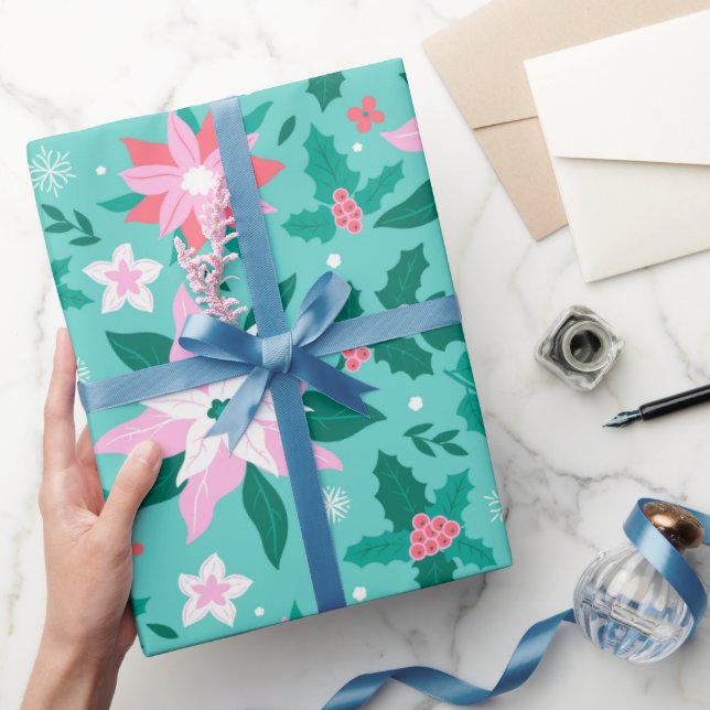 Papier Cadeau Noel poinsettia bagages motifs (Cadeaux)