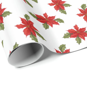 Papier Cadeau Noël Poinsettia en blanc