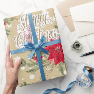 Papier Cadeau Noël Poinsettia et Holly Berries