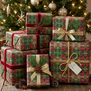 Papier Cadeau Noel Poinsettia peinture aquarelle originale
